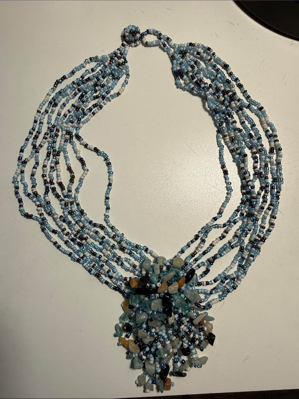 Source Unknown Multi-Strand Light Blue Beaded Necklace with Mixed Stone Cluster